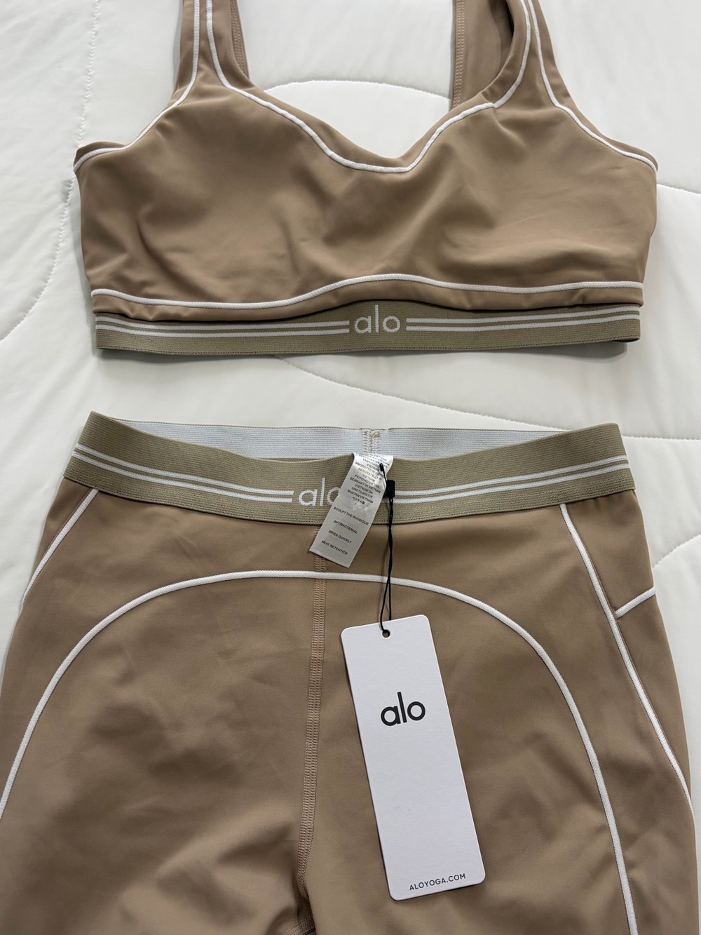 ALO Yoga Kids Tan Leggings & Sports Bra Set with White Piping
